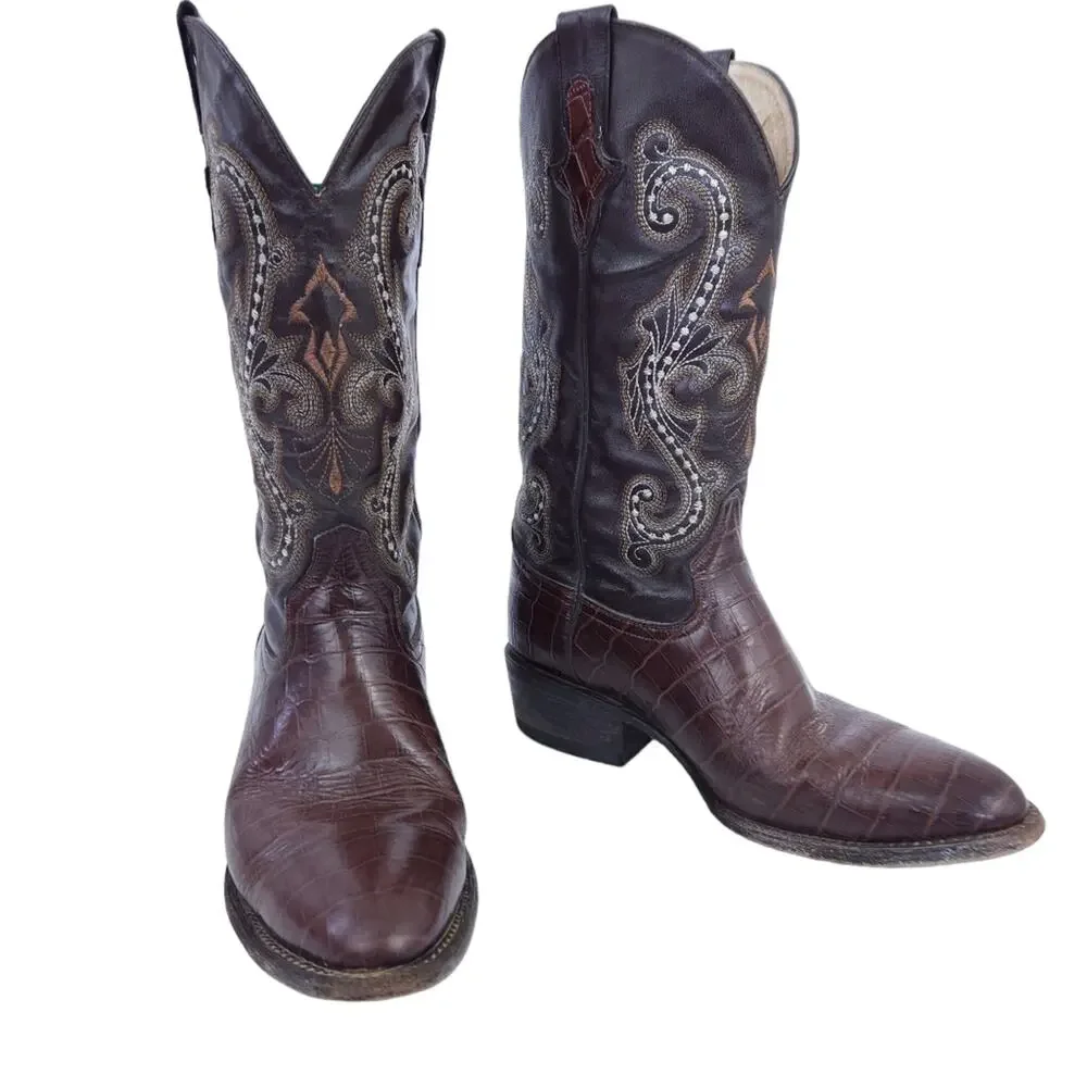 Ferrini Leather Cowboy Western Boots Brown 8.5 Men Pull On Boots Embroidered